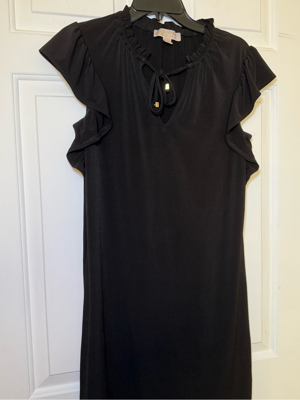 Michael Kors Black Ruffle V Neck Mini Dress SMALL LBD Classic Drawstring Comfy